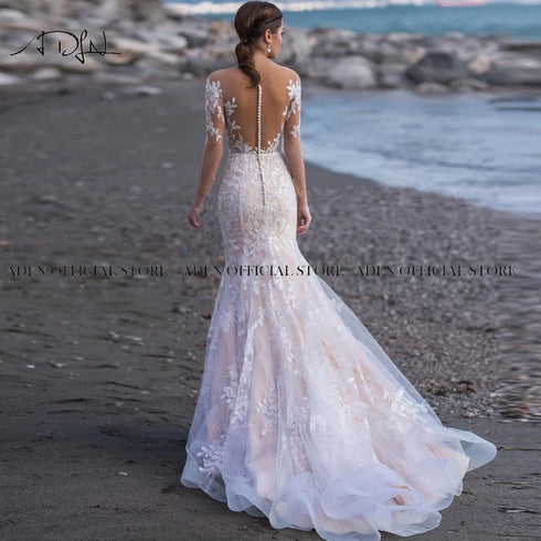 Sexy Scoop Long Sleeves Mermaid Wedding Dresses Bridal Gown